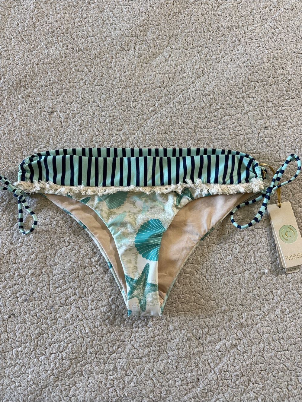 Cosita Linda Handmade Coastal Seashell Tie-Side Bikini Bottom in Aqua Stripe XL